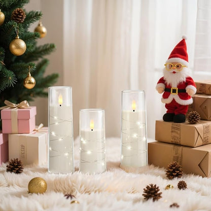 Raycare Flameless Candle with Remote Timer, 7 Flickering Acrylic Battery Operated LED Pillar Candles with Embedded Star String for Christmas, Home Decor, and as a Gift(White)