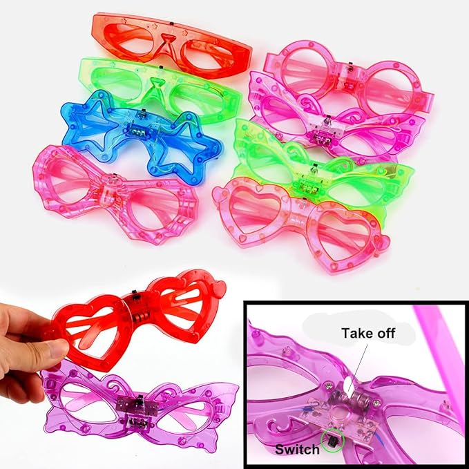 72 Packs LED Glasses for kids Glow in the dark Party Supplies Favor,6 LED 6 Shapes Glasses Flashing Plastic Light up Glass Toys Bulk 3 Replaceable Battery fit Halloween Christmas Thanksgiving