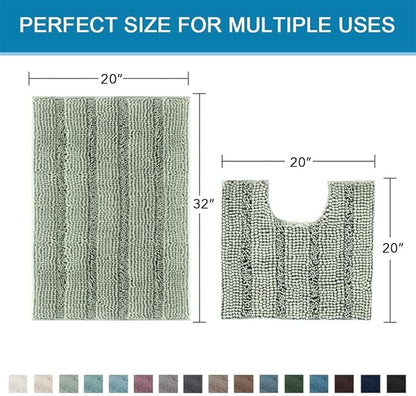 H.VERSAILTEX Bathroom Rugs Bath Rug Set 2 Piece Bathroom Contour Rug Toilet Mat Sets Non Slip Contour Bath Rug Ultra Thick Water Absorbent Striped Bath Mats Washable(20" x 32" Plus 20" x 20" U, Sage)
