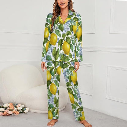 Lemons Leaves Ceramic Style Womens Pajama Set Long Sleeve Pajamas Top And Pants Soft Loungewear Pjs Sets