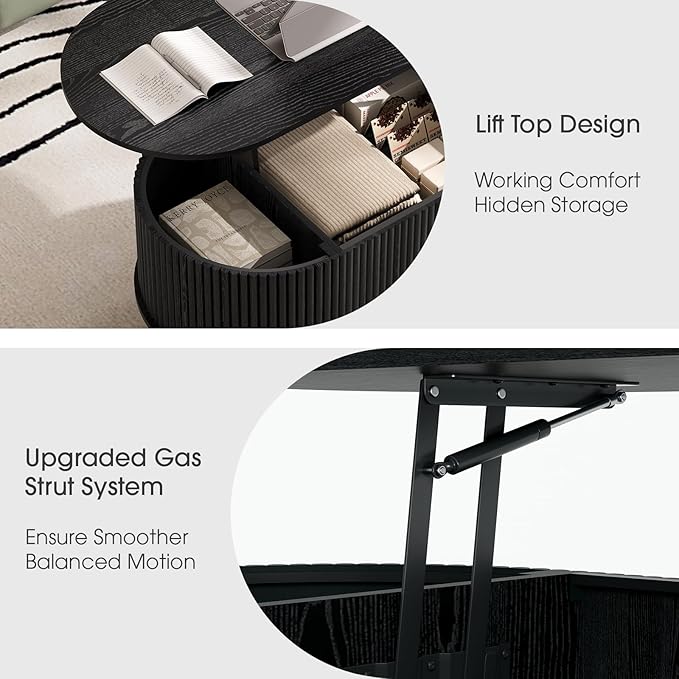 42.5" Oval Lift Top Coffee Table with Storage,Modern Black Center Table with Fluted Design, Pop Up CoffeeTable for Living Room,Solid Wood Legs & Hidden Compartment,