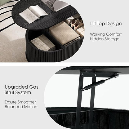 42.5" Oval Lift Top Coffee Table with Storage,Modern Black Center Table with Fluted Design, Pop Up CoffeeTable for Living Room,Solid Wood Legs & Hidden Compartment,