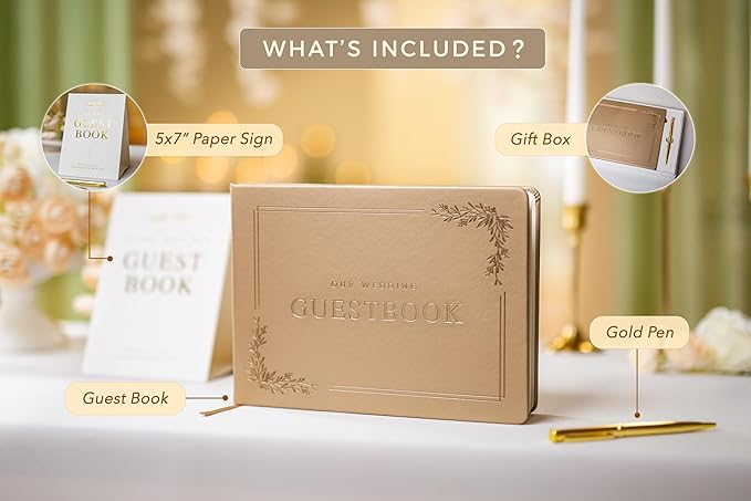 Floral Embossed Wedding Guest Book Set - 9 x 7.5 Hardcover Guestbook for Wedding Reception Sign in, Messages, Bridal Shower Engagement Party (Champagne Gold)