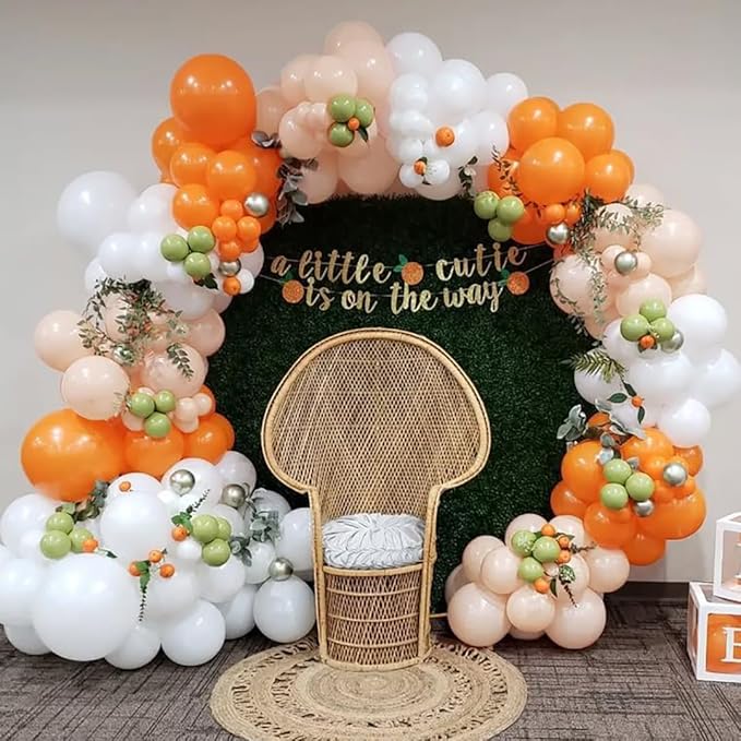 Little Cutie Baby Shower Balloons Arch Kit, 162pcs Orange Sage Green Nude Pearl White and Metallic Gold Balloons for A Little Cutie is on the Way Baby Shower 1st Birthday Party Decorations