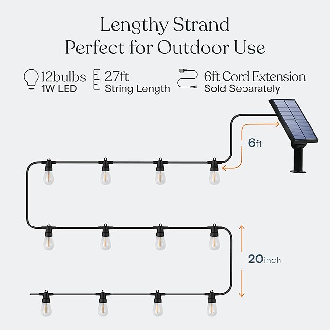 Brightech Ambience Pro Solar Powered Outdoor String Lights - Commercial Grade Patio Lights with 27 Ft Edison Bulbs - Shatterproof LED Solar String Lights - 1W LED, Warm White Light