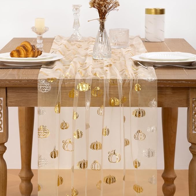 Pumpkin Gold Table Runner for Thanksgiving Sheer Gauze Cheesecloth 120 Inch with Glitter Harvest Feast Decor for Family Gatherings Dining Table Home Celebration - Beige