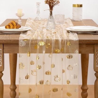 Pumpkin Gold Table Runner for Thanksgiving Sheer Gauze Cheesecloth 120 Inch with Glitter Harvest Feast Decor for Family Gatherings Dining Table Home Celebration - Beige