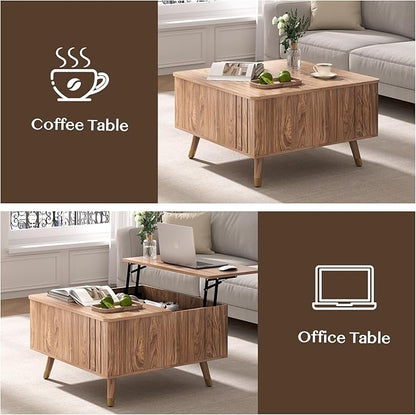 32" Square Lift Top Coffee Table with Storage,Mid Century Modern Walnut Center Table with Rising Desktop for Living Room, Brown Wood Finish