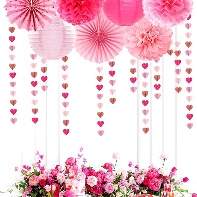 Rose-Gold Hot-Pink Party-Decorations Heart Garland - 39Ft 3D Wedding Bridal Shower Hanging Paper Streamers Banner,Baby Girl Birthday Bachelorette Engagement Mohters Brunch Decor Ouruola