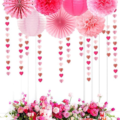 Rose-Gold Hot-Pink Party-Decorations Heart Garland - 39Ft 3D Wedding Bridal Shower Hanging Paper Streamers Banner,Baby Girl Birthday Bachelorette Engagement Mohters Brunch Decor Ouruola