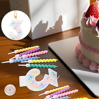 Number Birthday Candle with 12PCS Spiral Candles and A Birthday Card - Perfect for Celebrating Birthdays (Macaron Glitter, Number 3)