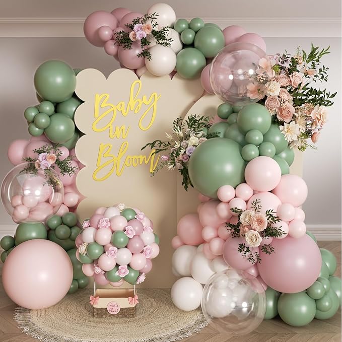 Baby in Bloom Balloon Arch Kit 139Pcs Dusty Pink and Sage Green Balloons White Sand Balloon Garland for Boho Baby Shower Wedding Bride Anniversary Birthday Bridal Bear Theme Decorations