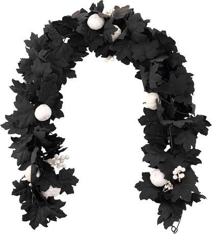 Artificial Fall Garland with Maple Leaves, Pumpkins & Berries – 7ft Black Autumn Garland for Thanksgiving, Fireplace Mantel, Doorway & Fall Harvest Table Decor,Halloween Decor