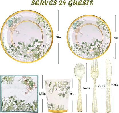 Sage Green Plates and Napkins Party Supplies - Sage Green Paper Plates Tableware Set for Baby Shower, Gender Neutral Birthday, Bride Shower, Wedding Table Decor, Serves 24