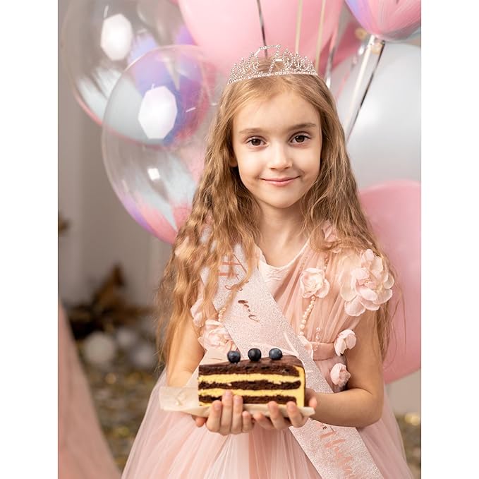 CIEHER 7th Birthday Crown + Sash + Pearl Pin Set, Girls' 7th Birthday Gifts and Happy Party Decorations