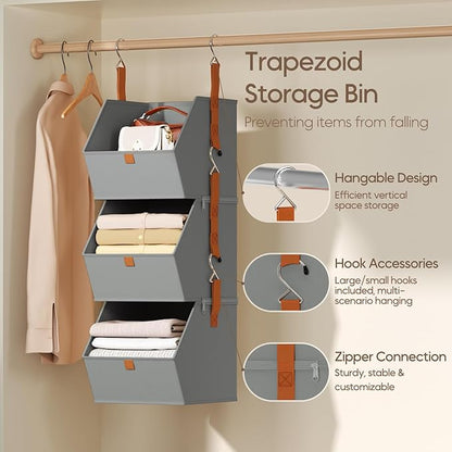 Collapsible Hanging Closet Organizer - 3 Tier Closet Shelves Storage System with Hooks, Fabric Hanging Storage Bins for Clothes, Foldable Storage Basket for Laundry, Bedroom, Rv, Grey