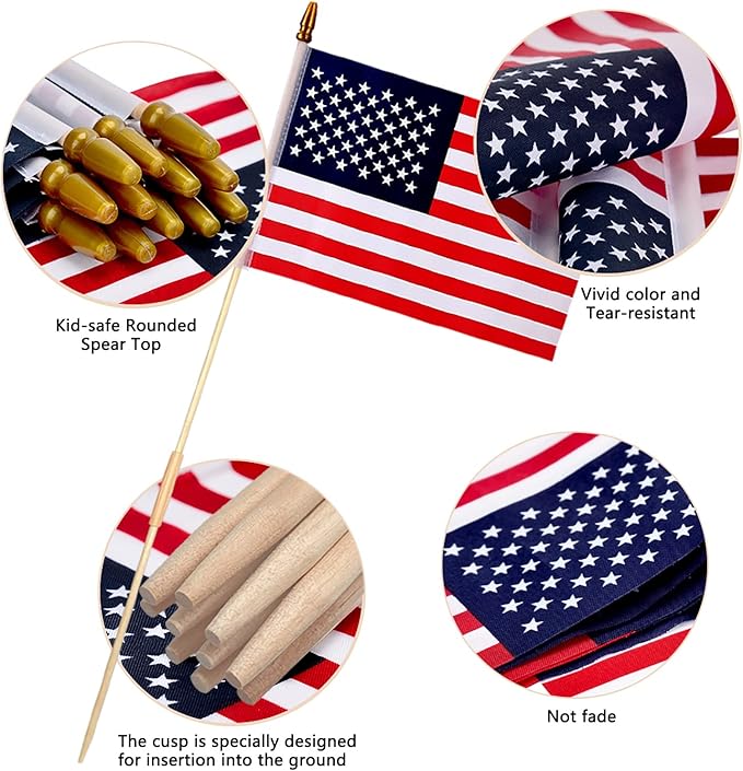 12 Pack 8x12 Inch American Flags on Stick, American Flags for Outside, USA Stick Flag with Handheld and Grounded Multi-Purpose Flagpole, Memorial Day, 4th of July Decorations, Veterans Day, Patriotic Decorations