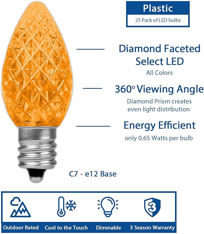 Novelty Lights 25pk Orange C7 LED Faceted Christmas Light Replacement Bulbs, Ultra Bright Dimmable Replacement Lamps for Indoor/Outdoor Light Strings