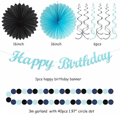 Light-Royal Navy-Blue Black Birthday Party-decorations - 21pcs Boys Men Happy Banner,Paper Streamers Lanterns Honeycomb,Tissue Pom Poms Fan,Adult Supplies Decor 16th 20th 40th 45th 50th 60th Huglony