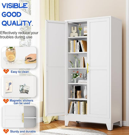 75.2" Tall Metal Storage Cabinet with 2 Doors and 5 Adjustable Shelves, New upgrade Kitchen Pantry Cabinet, White Freestanding Cupboard, 6 Tier Steel Storage for Office, Kitchen, Dining, Garage