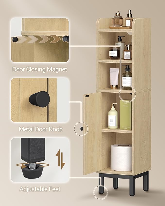Bathroom Storage Cabinet, Small Corner Floor Cabinet with Door and Shelves, Narrow Toilet Paper Holder, Bathroom Organizer with Adjustable Shelf, for Small Spaces, Rattan Yellow BC08202Y