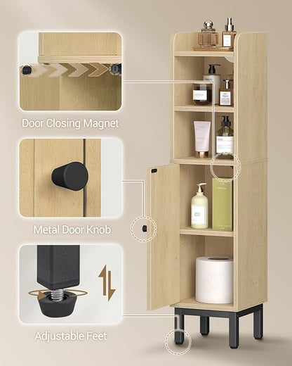 Bathroom Storage Cabinet, Small Corner Floor Cabinet with Door and Shelves, Narrow Toilet Paper Holder, Bathroom Organizer with Adjustable Shelf, for Small Spaces, Rattan Yellow BC08202Y