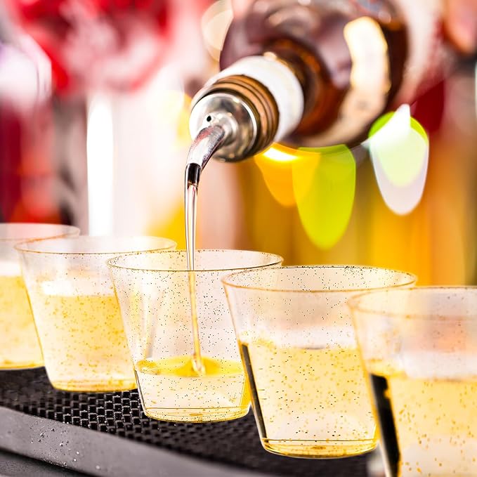 JOLLY CHEF 100 Pack 10 oz Gold Plastic Cups, Disposable Gold Glitter Cups, Clear Plastic Tumblers Perfect for Weddings, Christmas & Parties
