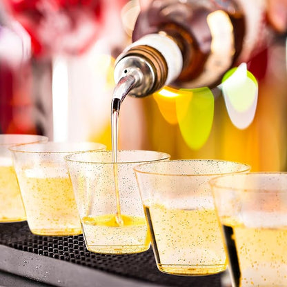JOLLY CHEF 100 Pack 10 oz Gold Plastic Cups, Disposable Gold Glitter Cups, Clear Plastic Tumblers Perfect for Weddings, Christmas & Parties