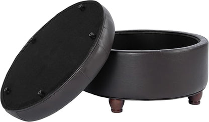 Homepop Home Decor | Button Tufted Faux Leather Round Storage Ottoman | Ottoman with Storage for Living Room & Bedroom (Distressed Brown)