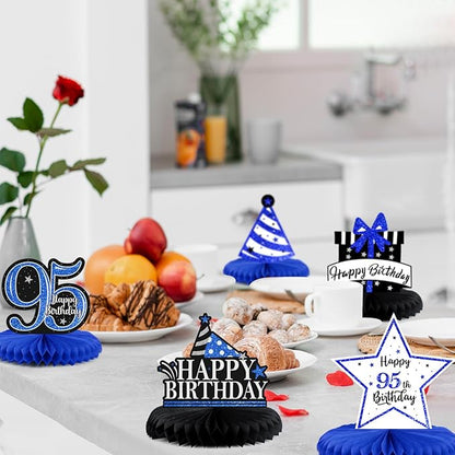 Happy 95th Birthday Decorations,95th Bday Blue Glitter Shiny Stand Honeycomb Table Centerpieces - Cheers to 95 Years Old Birthday Party Photoprop Gift Sign.