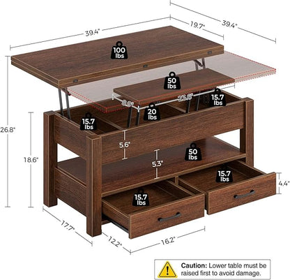 Rolanstar Coffee Table Lift Top, Multi-Function Convertible Coffee Table with Drawers and Hidden Compartment, Converts to Dining Table for Living Room, Home Office,Espresso