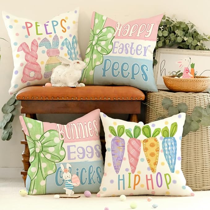 GEEORY Happy Easter Peeps Pillow Covers 16x16 inch Set of 4, Striped Bunnies Eggs Chicks Rabbits Carrots Decorative Farmhouse Throw Pillowcases for Home Sofa Couch Decoration G461-16