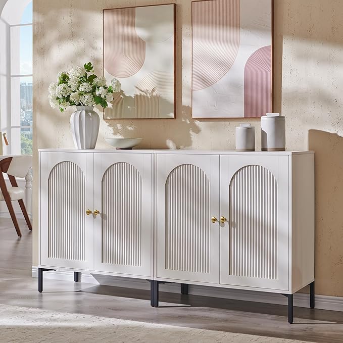 Modern Buffet Cabinet with Storage, 61.75" W Fluted Arched Sideboard Cabinet w/Adjustable Shelves, Wooden Modular Coffee Bar for Dining Room, Kitchen, Living Room, Entryway, White