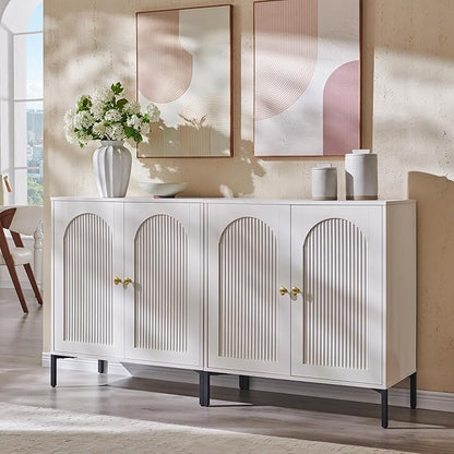 Modern Buffet Cabinet with Storage, 61.75" W Fluted Arched Sideboard Cabinet w/Adjustable Shelves, Wooden Modular Coffee Bar for Dining Room, Kitchen, Living Room, Entryway, White