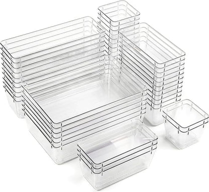 Clear Acrylic Drawer Organizer Trays, 5 Size Junk Box Organization Small Storage Container Bin for Desk Makeup Bathroom Vanity Kitchen Tool Make Up Workspace Home Dorm Apartment Office Room Nightstand