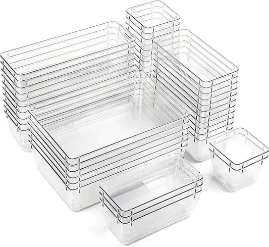 Clear Acrylic Drawer Organizer Trays, 5 Size Junk Box Organization Small Storage Container Bin for Desk Makeup Bathroom Vanity Kitchen Tool Make Up Workspace Home Dorm Apartment Office Room Nightstand