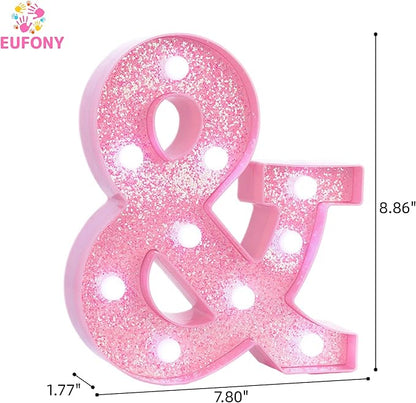 Pink LED Marquee Light Up Letters, Glitter Alphabet Letter Lights for Birthday Party Decorations, Battery Operated Letter Signs for Table Girls Room Decor, Pink Symbol & with Cool White Lights