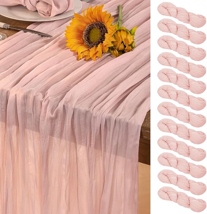 Pink Cheesecloth Table Runner 12 Pack Christmas Table Runners Boho Gauze 120 Inches Light Pink Cheese Cloth Table Decor for Xmas Holiday Season Wedding Bridal Girl Baby Shower Sweet 16 Party