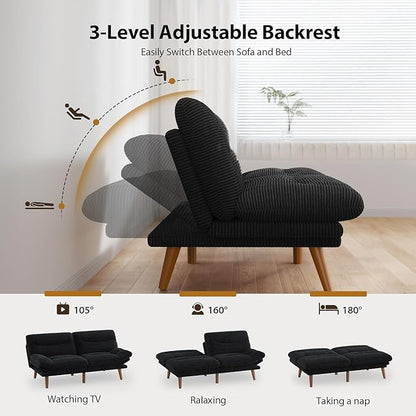Pipishell Futon Sofa Bed, 66 Inch Corduroy Futon Couch Convertible with Adjustable Backrest and Armrests, Recliner Sleeper Sofa for Small Spaces, Living Room, Office, Guest Room (Black, 66 Inch)