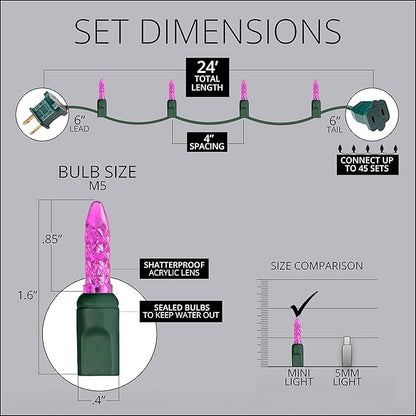 M5 LED Mini Ice Pink Prelamped Light Set, Green Wire - 70 M5 Pink LED Christmas Lights, 4" Spacing