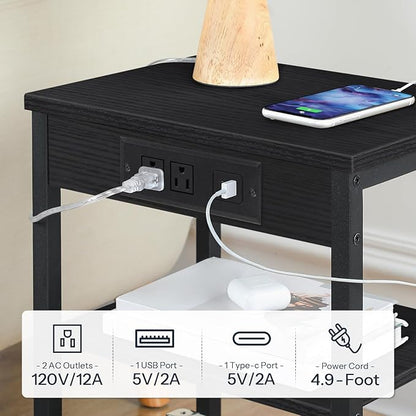 HOOBRO Side Tables Set of 2 with Charging Station and USB Port, Small End Tables for Small Space, 3-Tier Nightstands with Adjustable Shelf, for Living Room, Bedroom, Black BB112BZP201