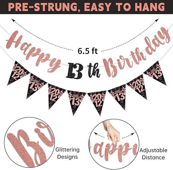 13th Birthday Decorations for Girls, Black Rose Gold Happy 13th Birthday Banner Hanging Swirls Vintage 2012 Birthday Decorations Kit Hello 13 Party Supplies