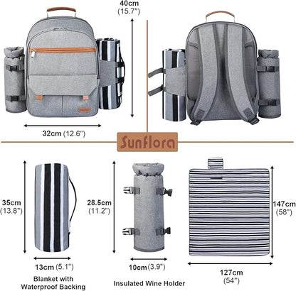 Sunflora Insulated Picnic Backpack for 2 Person Bag with Cooler Compartment, Wine Pouch, Blanket and Stainless Steel Cutlery Set for Couple, Lovers and Friends (Grey)