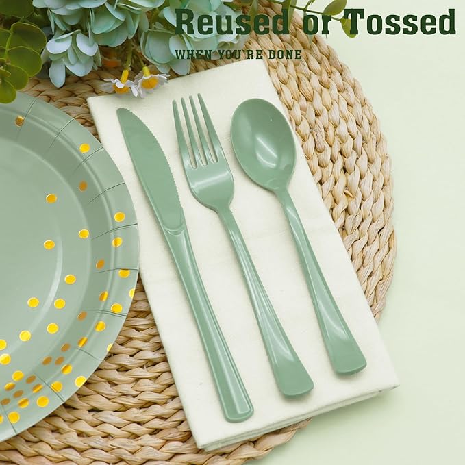 150 PCS Sage Green Plastic Silverware Heavy Duty Green Silverware Disposable Include 50 Disposable Plastic Forks, 50 Knives, 50 Spoons for Birthday, Baby Shower, Picnic, Spring Party, Wedding