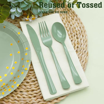 150 PCS Sage Green Plastic Silverware Heavy Duty Green Silverware Disposable Include 50 Disposable Plastic Forks, 50 Knives, 50 Spoons for Birthday, Baby Shower, Picnic, Spring Party, Wedding
