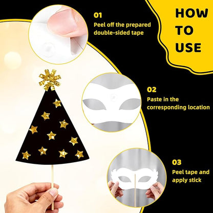 24PCS Gold and Black Photo Booth Props Set, Funny Photobooth Props Kit for Birthday Wedding Graduation New Year Party Celebration Decoration Supplies