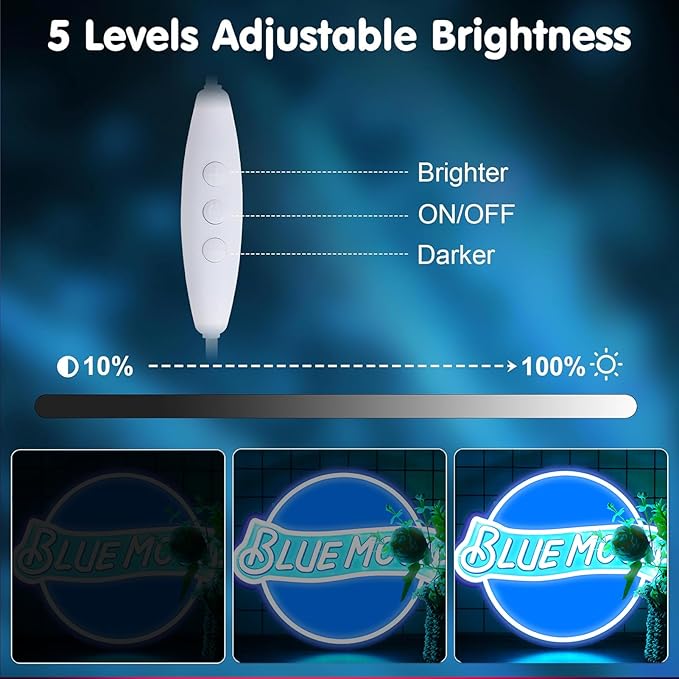 JFLLamp Blue Moon Neon Signs for Wall Decor Neon Lights for Bedroom Led Signs Suitable for Man Cave Bar Pub Restaurant Christmas Birthday Party Gift 5V Usb Power, 14 * 12.2 Inch(Azure+White)
