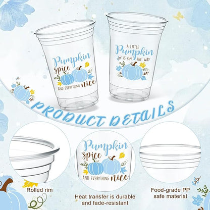Meanplan 50 Pcs 12oz Thanksgiving Baby Shower Party Plastic Cups A Little Pumpkin is On The Way Disposable Clear Cups for Fall Autumn Baby Shower Gender Reveal Supplies Decorations(Blue)
