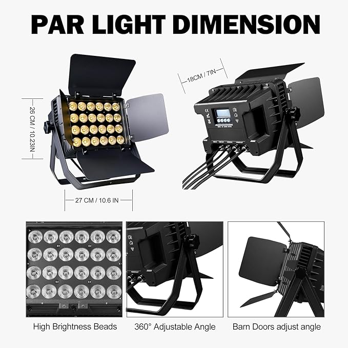 Par Light 300W LED Stage Lights IP65 Waterproof Outdoor 3500K~7500K Uplights Warm&Cold White Strobe Wash Light DMX512 Sound Activated for Outdoor Show Christmas Party Wedding
