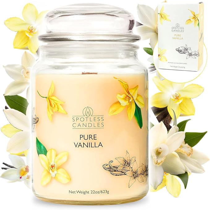 Vanilla Candle 22oz 16" x 9" Reusable Jar Candle 130 Hours Long Burn Time with Wooden Wick in Presentation Gift Box & Protective Shipper Spotless Leopard